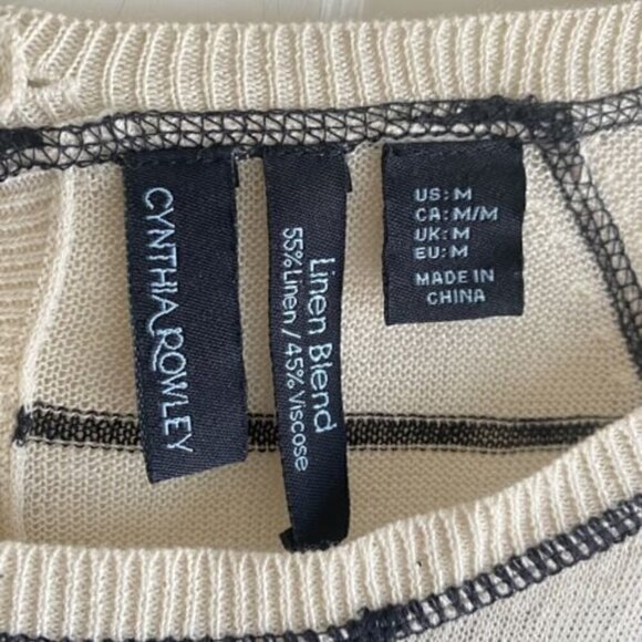 Cynthia Rowley Women’s Sz M Linen Blend Pullover Sweater Cream Black Stripe - Picture 4 of 9